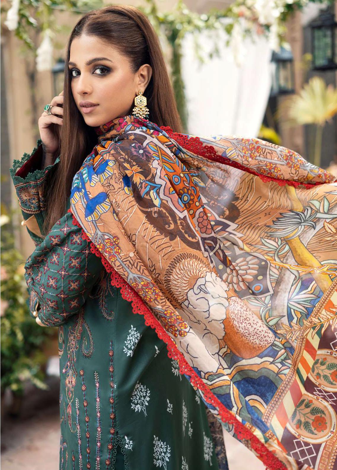 A Floral Dream By Maryam Hussain Stitched 3 Piece Embroidered Lawn Suit MH23 08 Emerald - Luxury Collection Brand Mafia by Zonash