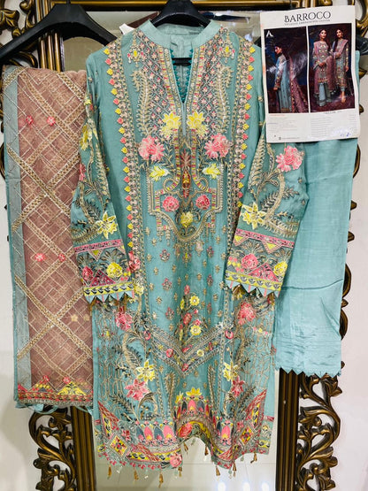 Adan's Libas - Barroco Stitched 3 Piece Embroidered Chiffon Suit - 01 DeLuxxe - Luxury Formals Collection Brand Mafia by Zonash