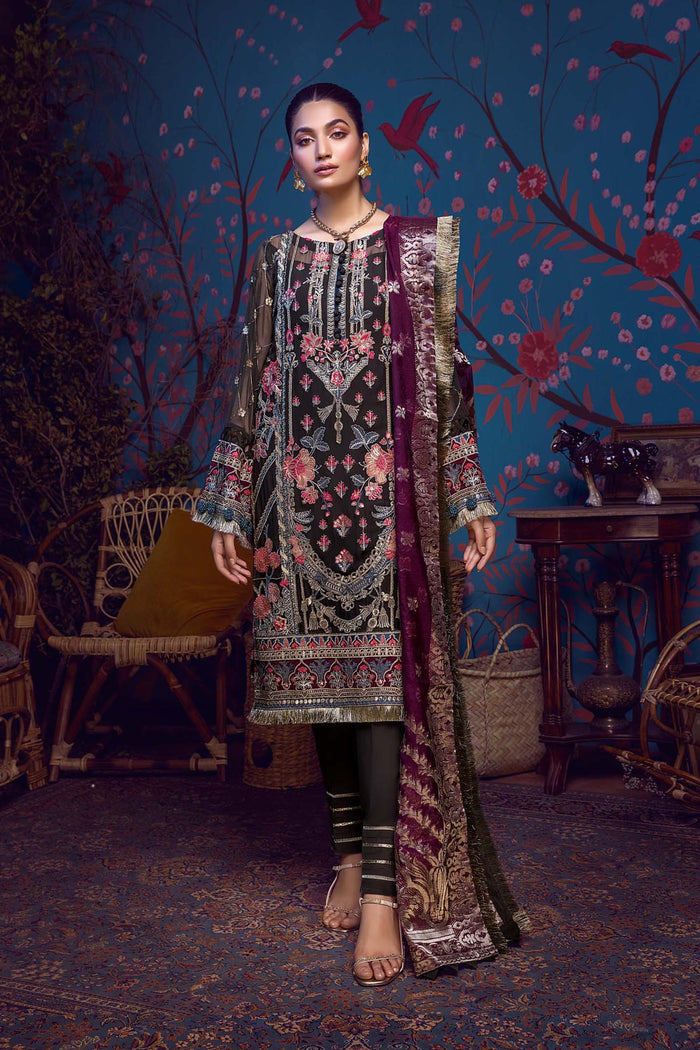 Adan's Libas - Barroco Stitched 3 Piece Embroidered Chiffon Suit - 03 Royalis - Luxury Formals Collection Brand Mafia by Zonash