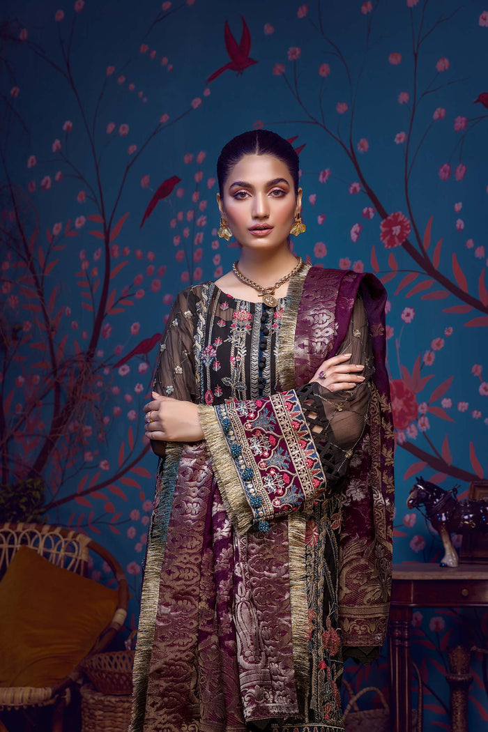 Adan's Libas - Barroco Stitched 3 Piece Embroidered Chiffon Suit - 03 Royalis - Luxury Formals Collection Brand Mafia by Zonash