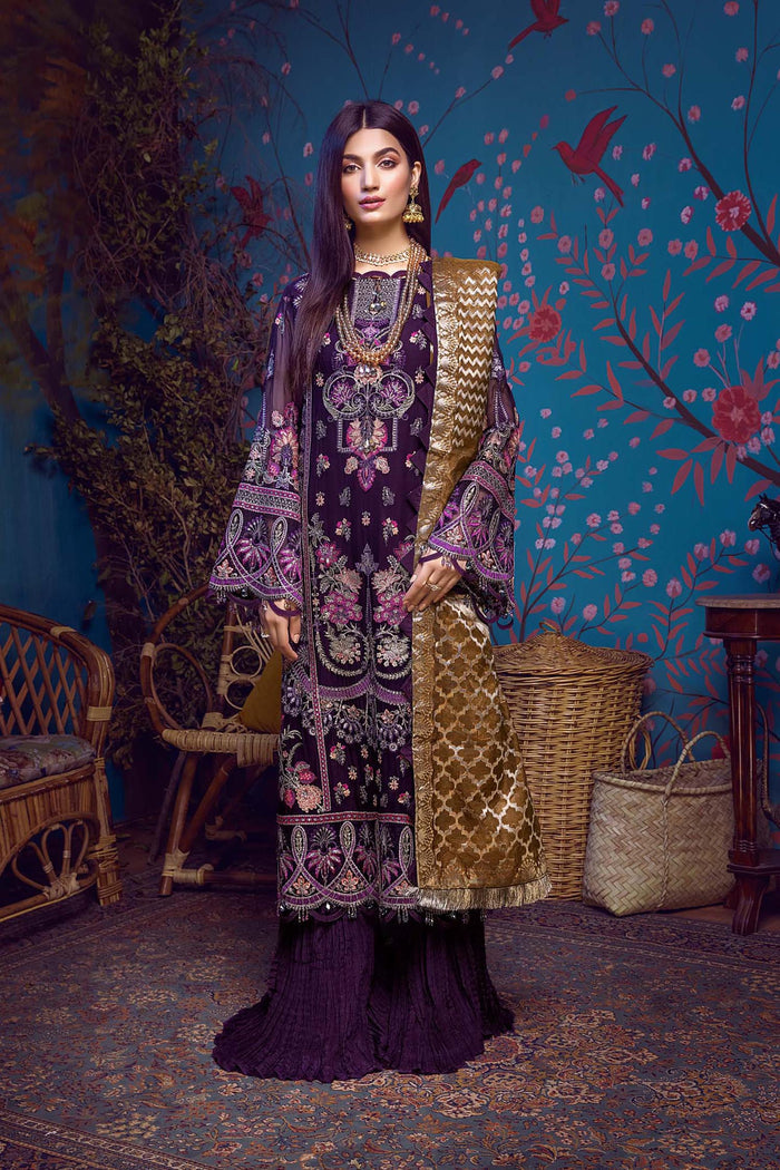 Adan's Libas - Barroco Stitched 3 Piece Embroidered Chiffon Suit - 06 Iris Sibirica - Luxury Formals Collection Brand Mafia by Zonash