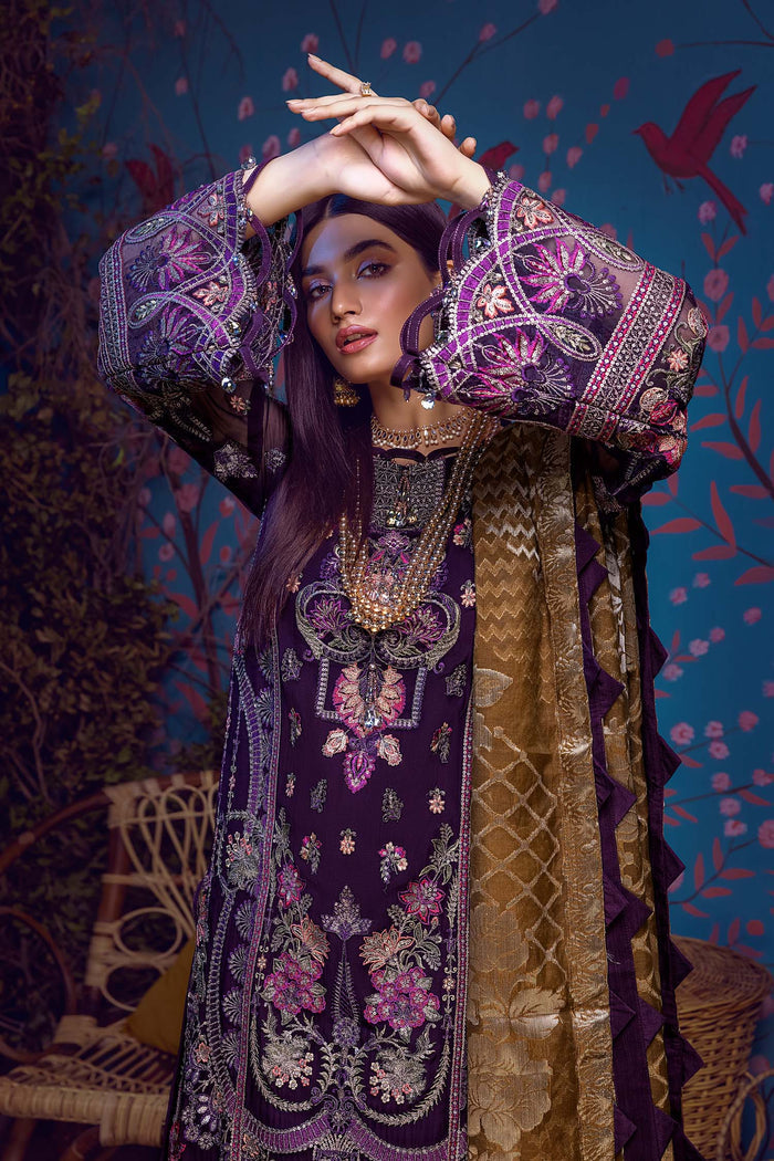 Adan's Libas - Barroco Stitched 3 Piece Embroidered Chiffon Suit - 06 Iris Sibirica - Luxury Formals Collection Brand Mafia by Zonash