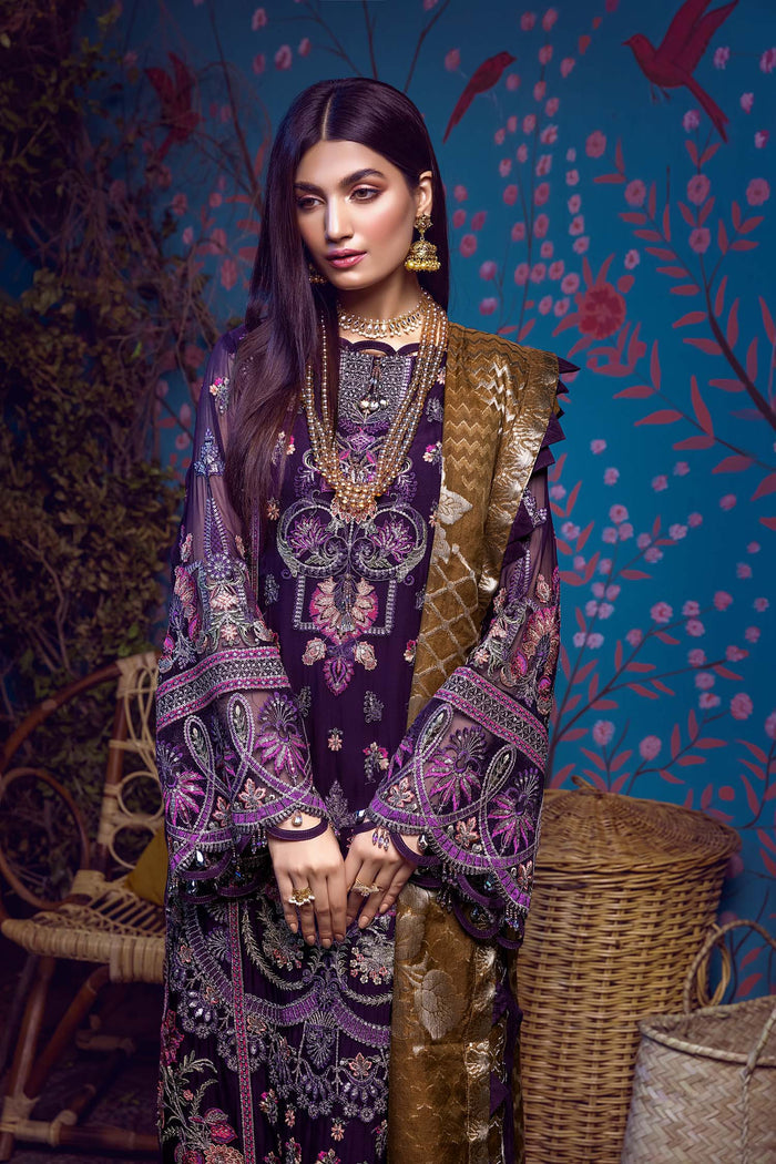 Adan's Libas - Barroco Stitched 3 Piece Embroidered Chiffon Suit - 06 Iris Sibirica - Luxury Formals Collection Brand Mafia by Zonash