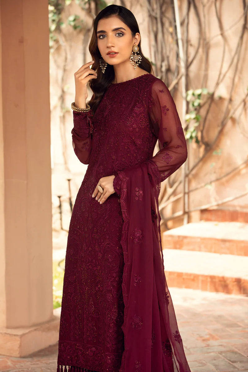 Baroque - Farasha Unstitched 2 Piece Embroidered Chiffon Suit - Sangria - Formal Collection Brand Mafia by Zonash