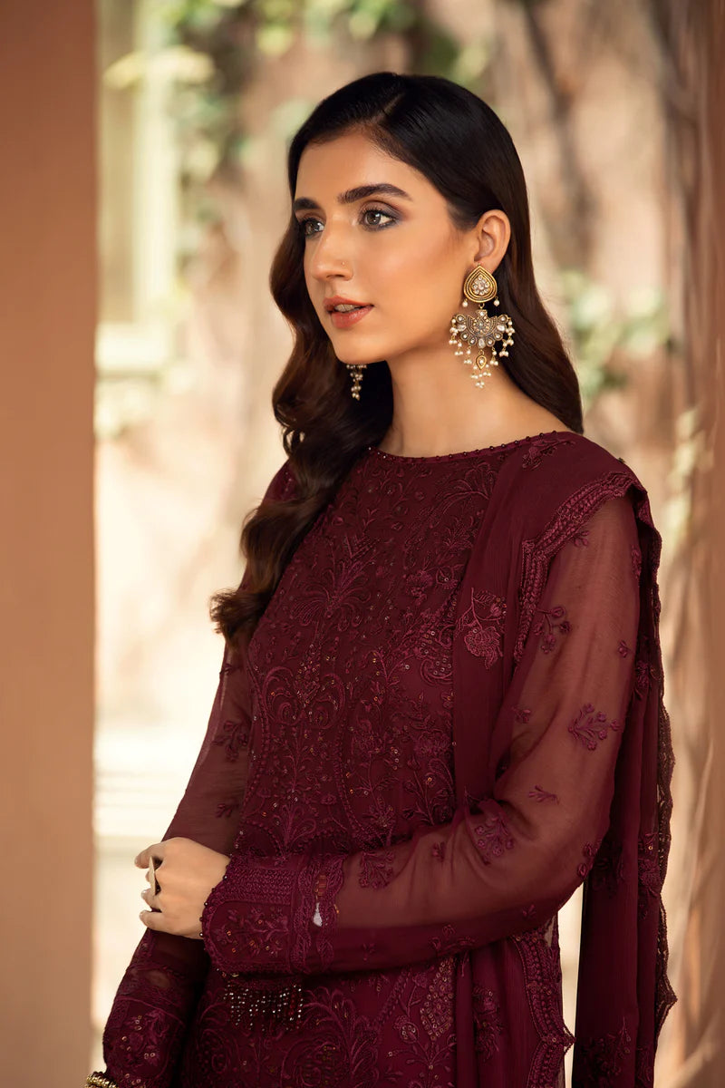 Baroque - Farasha Unstitched 2 Piece Embroidered Chiffon Suit - Sangria - Formal Collection Brand Mafia by Zonash