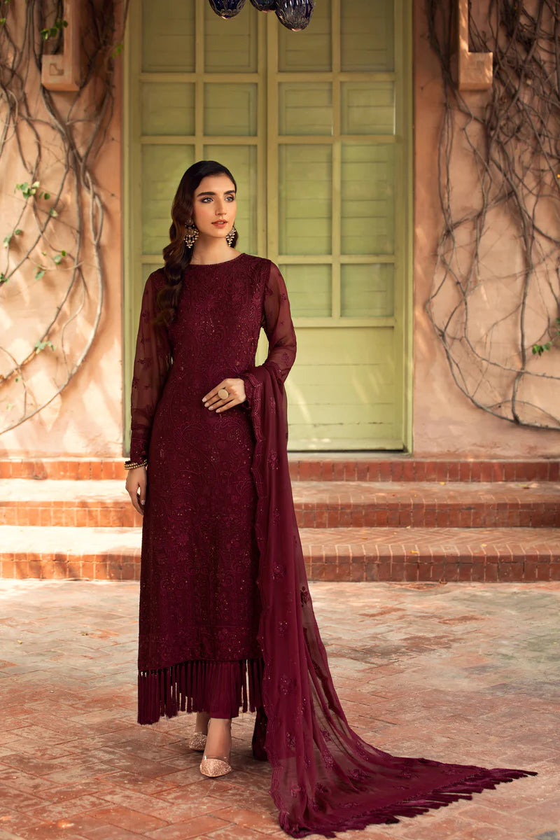 Baroque - Farasha Unstitched 2 Piece Embroidered Chiffon Suit - Sangria - Formal Collection Brand Mafia by Zonash