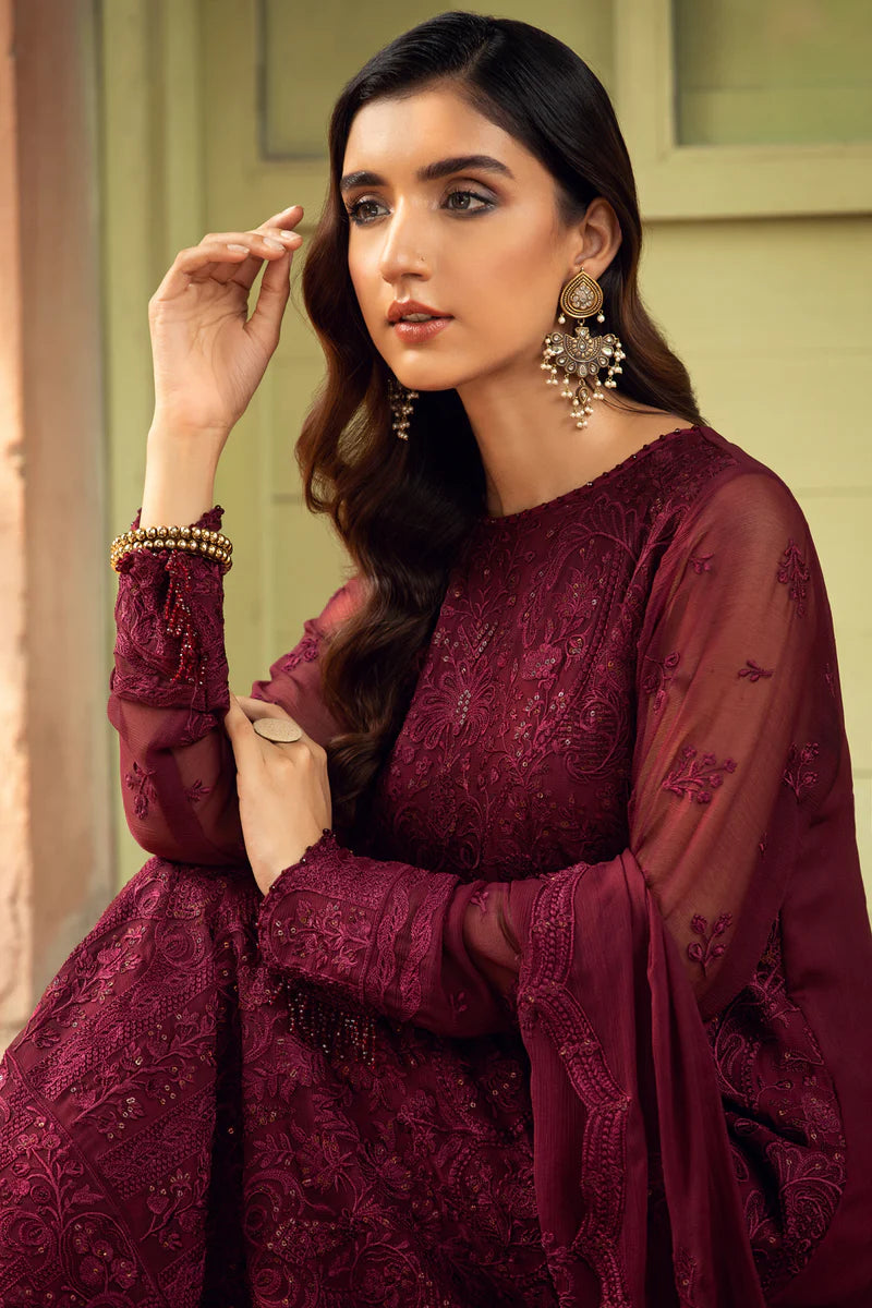 Baroque - Farasha Unstitched 2 Piece Embroidered Chiffon Suit - Sangria - Formal Collection Brand Mafia by Zonash