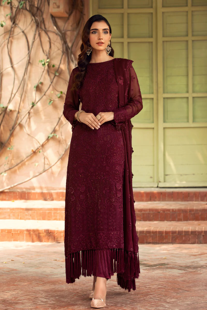 Baroque - Farasha Unstitched 2 Piece Embroidered Chiffon Suit - Sangria - Formal Collection Brand Mafia by Zonash