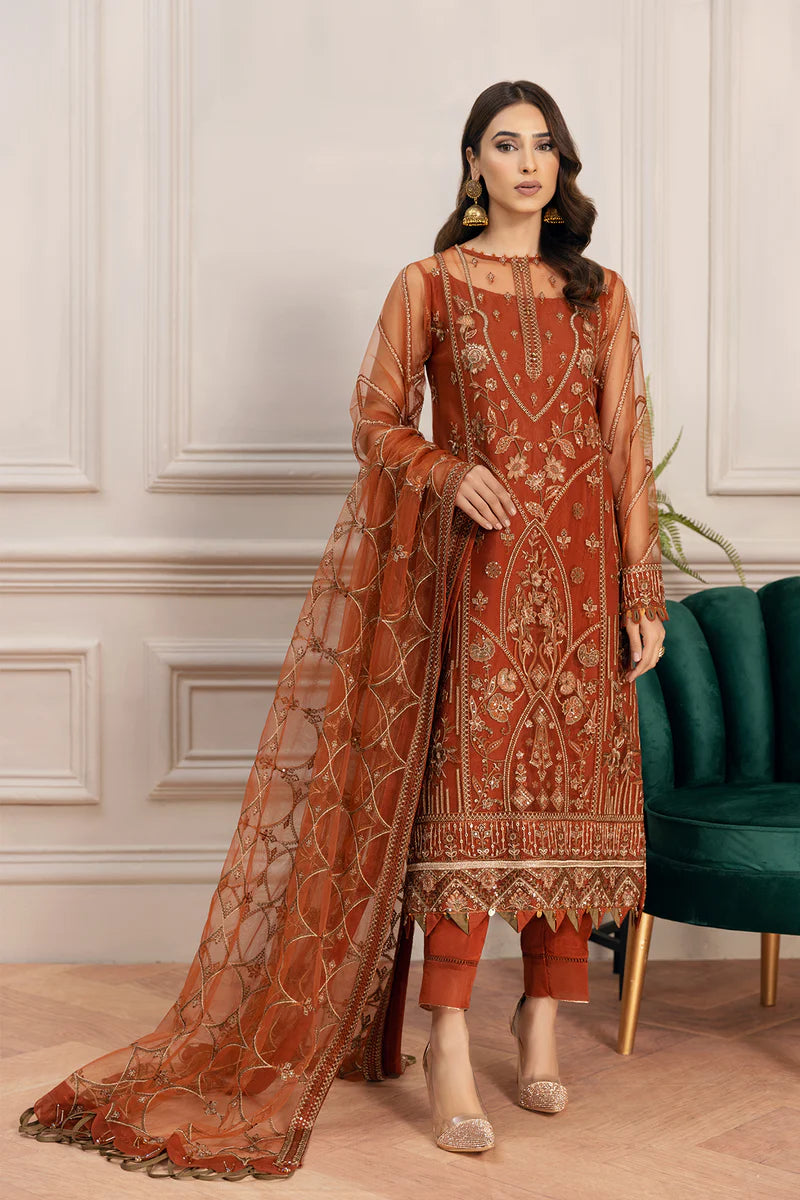 Baroque - Farasha Unstitched 2 Piece Embroidered Premium Chiffon Suit - Cinnamon - Luxury Collection Brand Mafia by Zonash