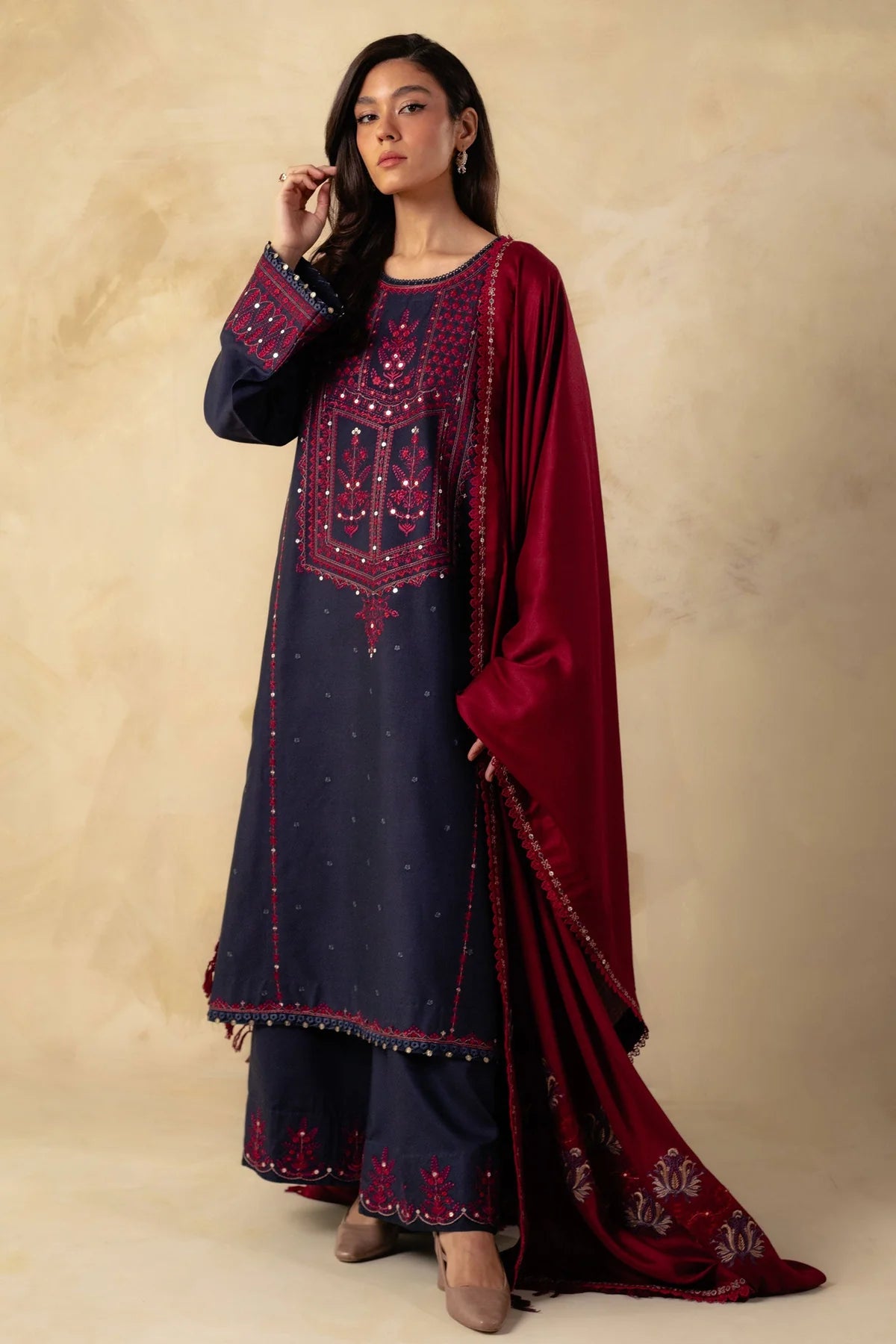 Coco By Zara Shahjahan Unstitched 3 Piece Embroidered Linen Suit CZS23W 4B - Winter Collection Brand Mafia by Zonash