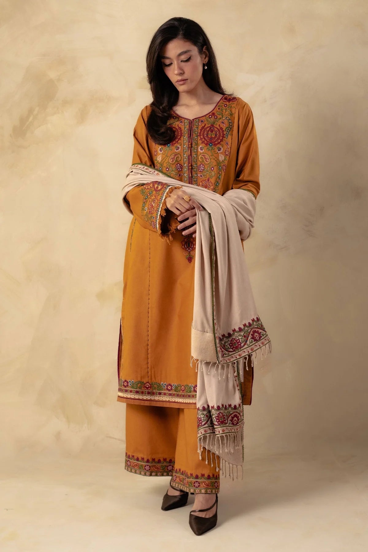 Coco By Zara Shahjahan Unstitched 3 Piece Embroidered Linen Suit CZS23W 5A - Winter Collection Brand Mafia by Zonash