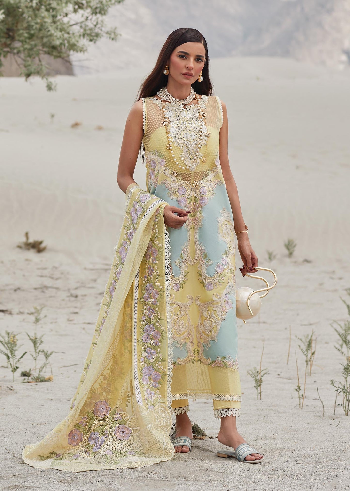 Crimson Unstitched 3 Piece Embroidered Lawn Suit CR23L 8A Canary Yellow - Summer Collection Brand Mafia by Zonash