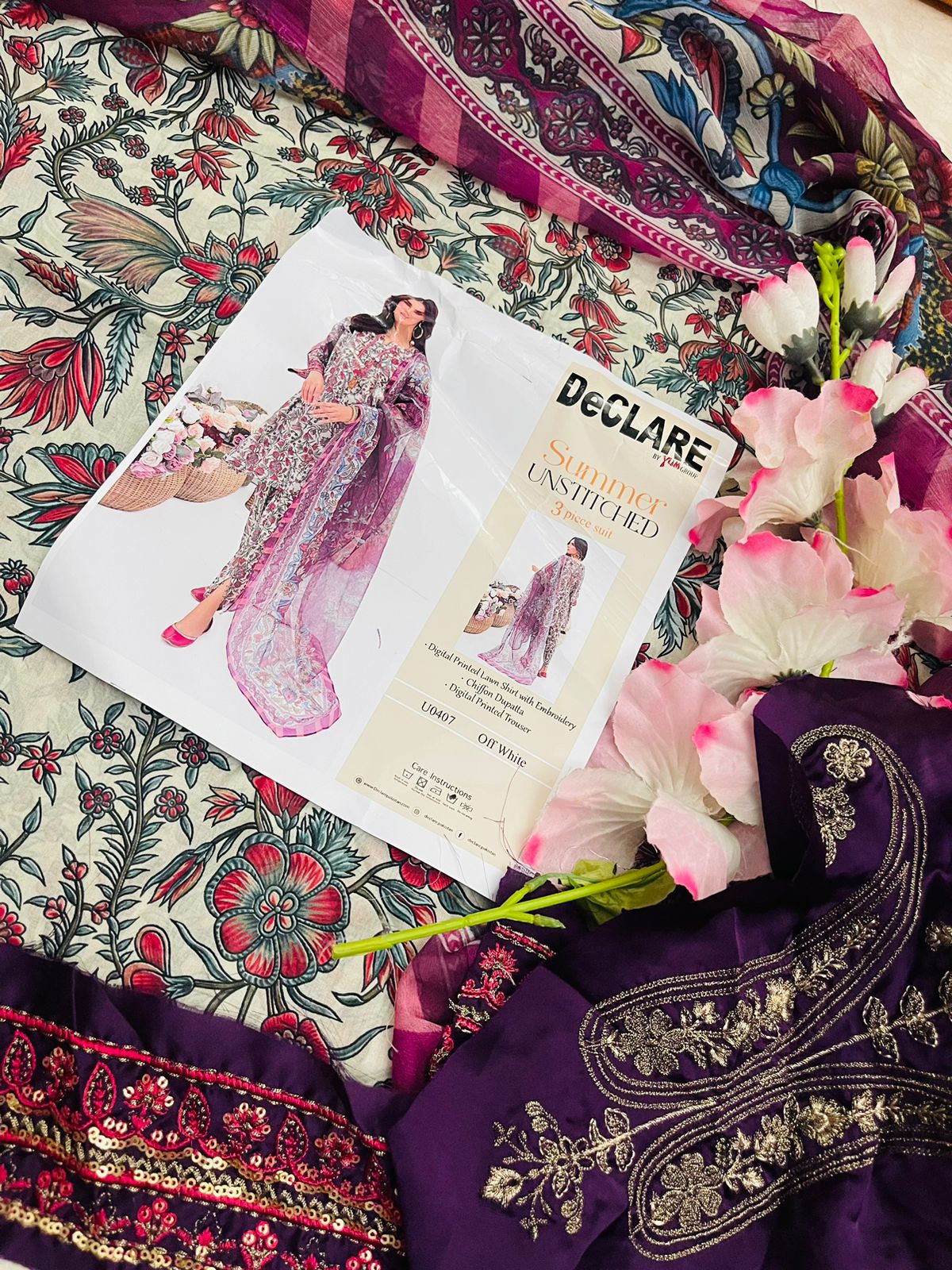 Declare Unstitched 2 Piece Embroidered Lawn Suit - Summer Colllection