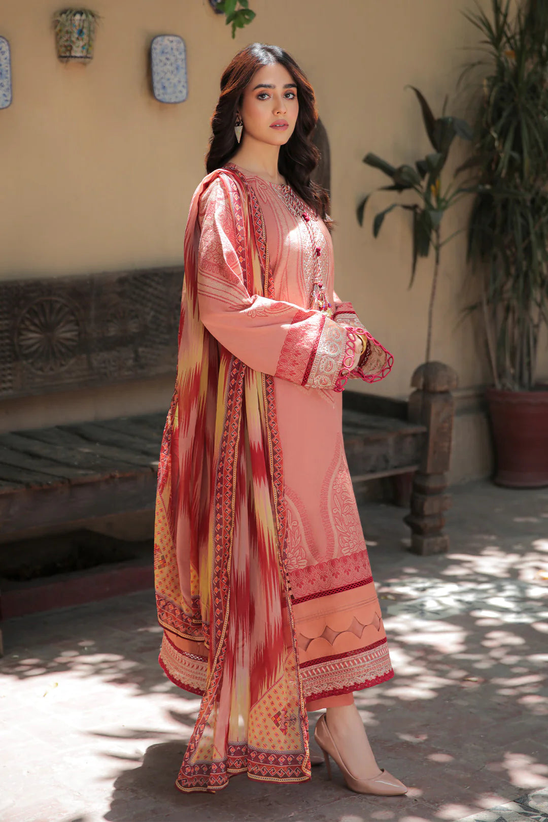 DeCLARE Unstitched 3 Piece Dyed Embroidered Jacquard Suit with Chiffon Dupatta and Cambric Trouser From Declare - Summer Colllection