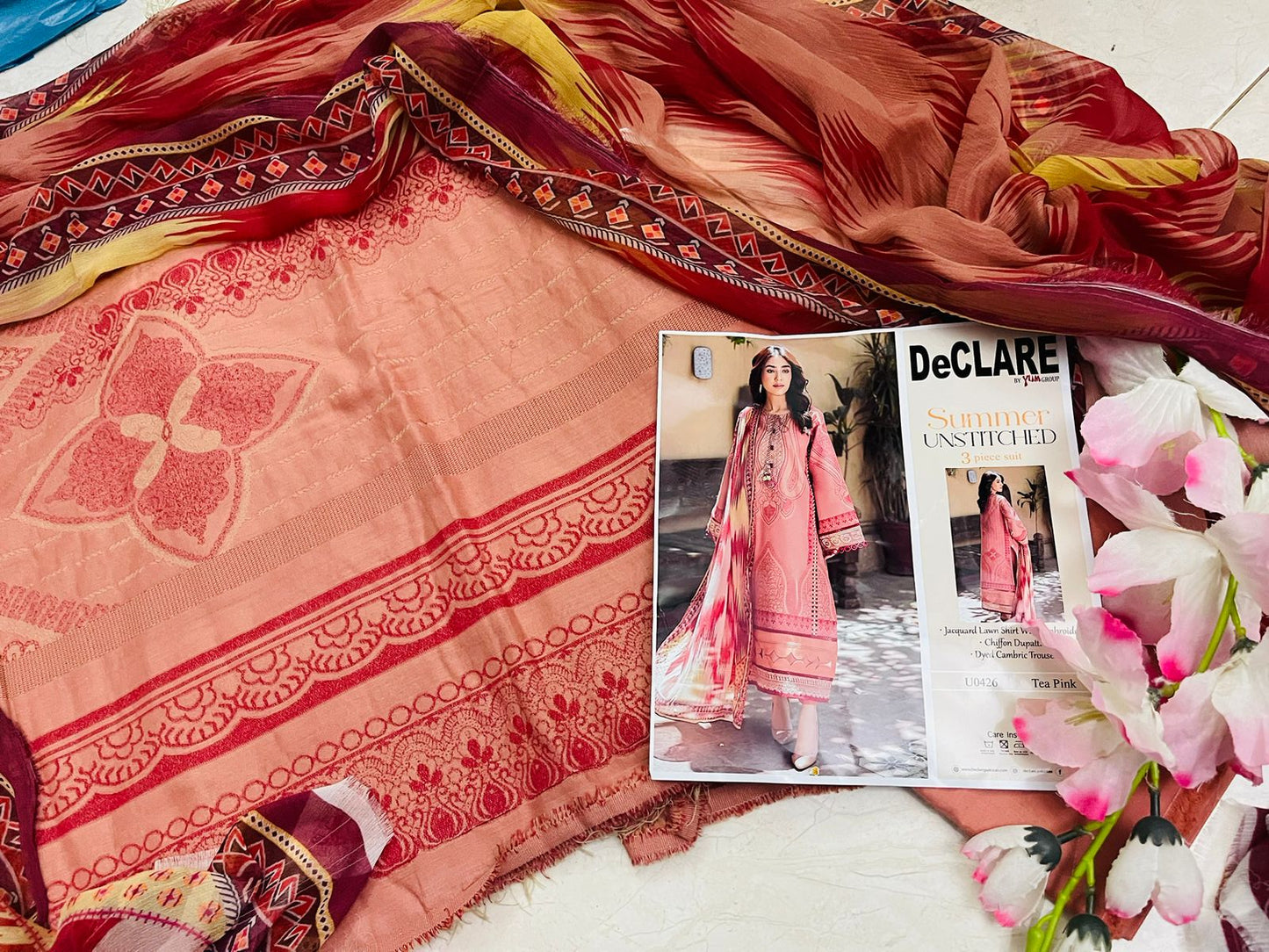 DeCLARE Unstitched 3 Piece Dyed Embroidered Jacquard Suit with Chiffon Dupatta and Cambric Trouser From Declare - Summer Colllection