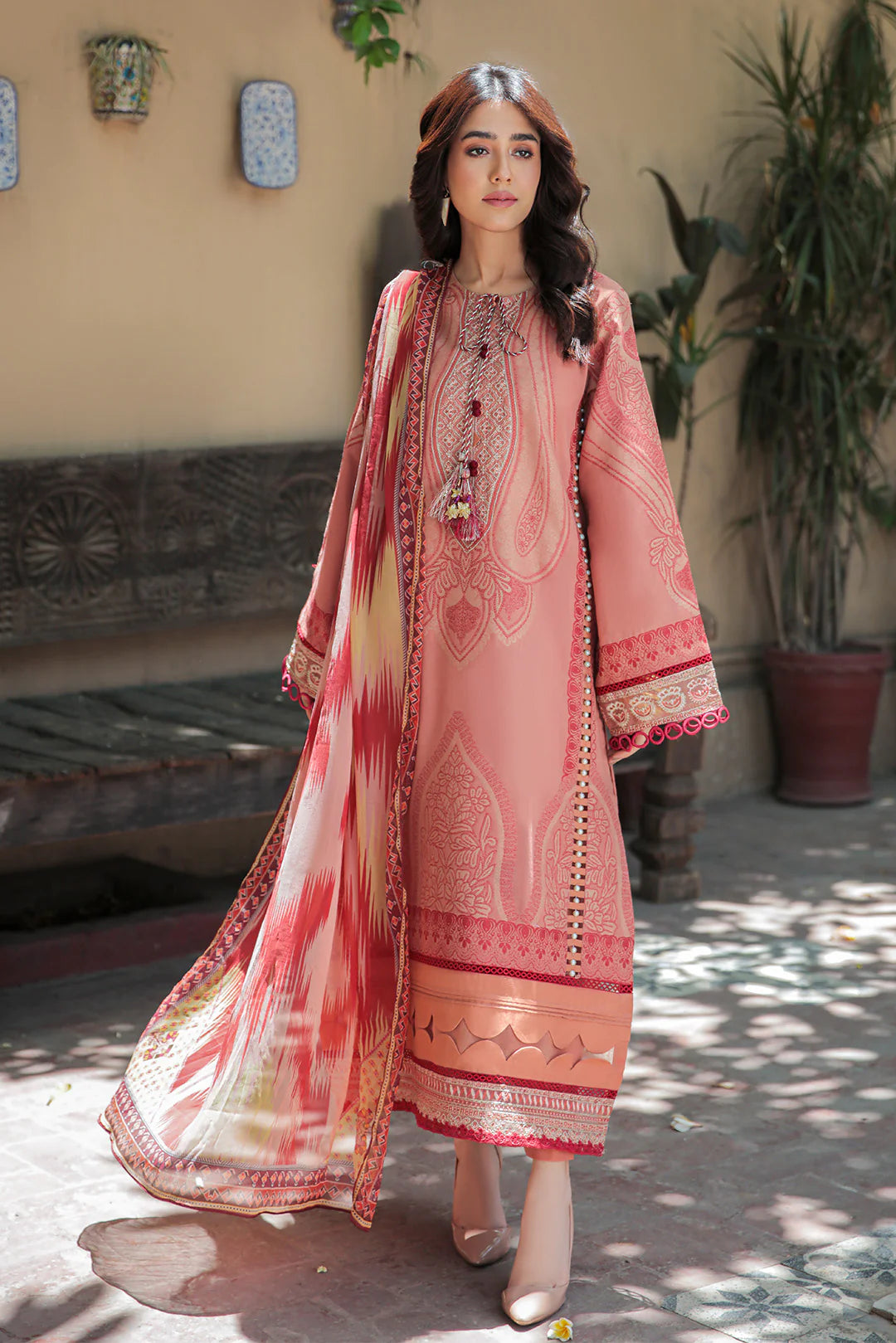 DeCLARE Unstitched 3 Piece Dyed Embroidered Jacquard Suit with Chiffon Dupatta and Cambric Trouser From Declare - Summer Colllection