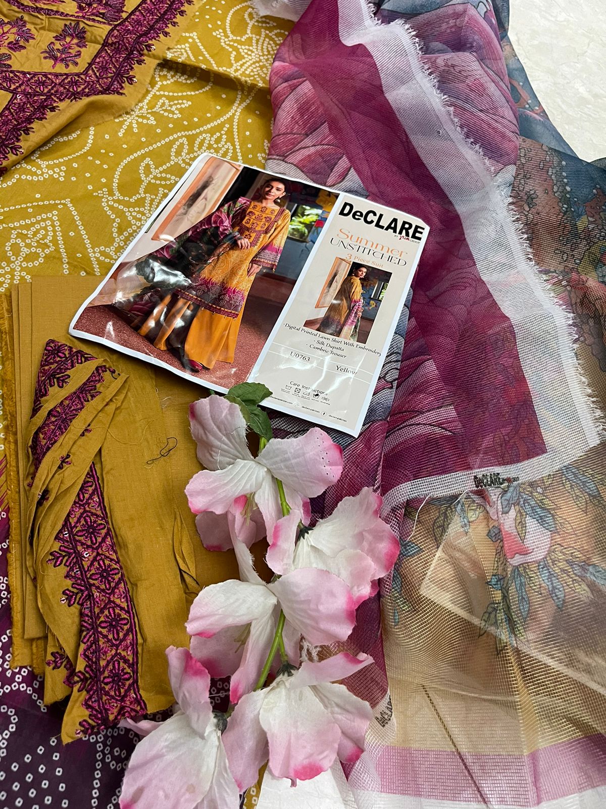 DeCLARE Unstitched 3 Piece Embroidered Digital Printed Lawn Suit with Silk Dupatta and Cambric Trouser From Declare - Summer Colllection