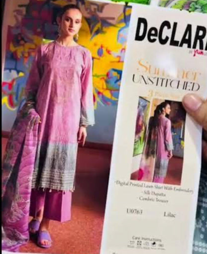 Declare Unstitched 3 Piece Lawn Suit With Silk Dupatta - Summer Colllection