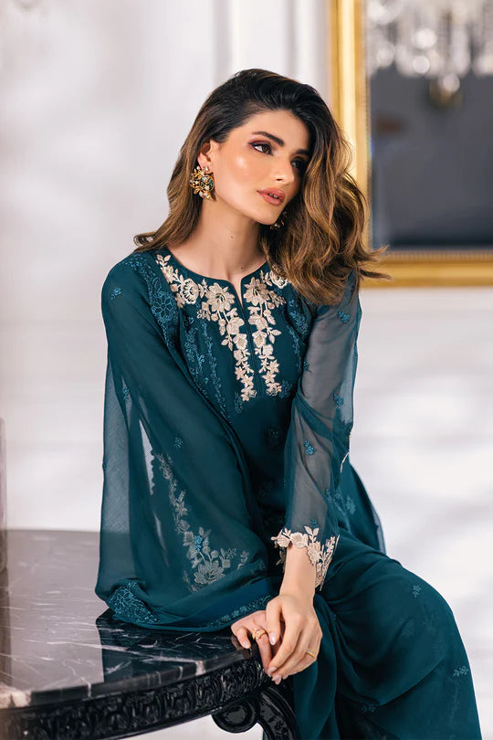 Ensembles By Azure Unstitched 3 Piece Embroidered Chiffon Suit AZU23ESE3 Sea-Weed - Festive Collection Brand Mafia by Zonash