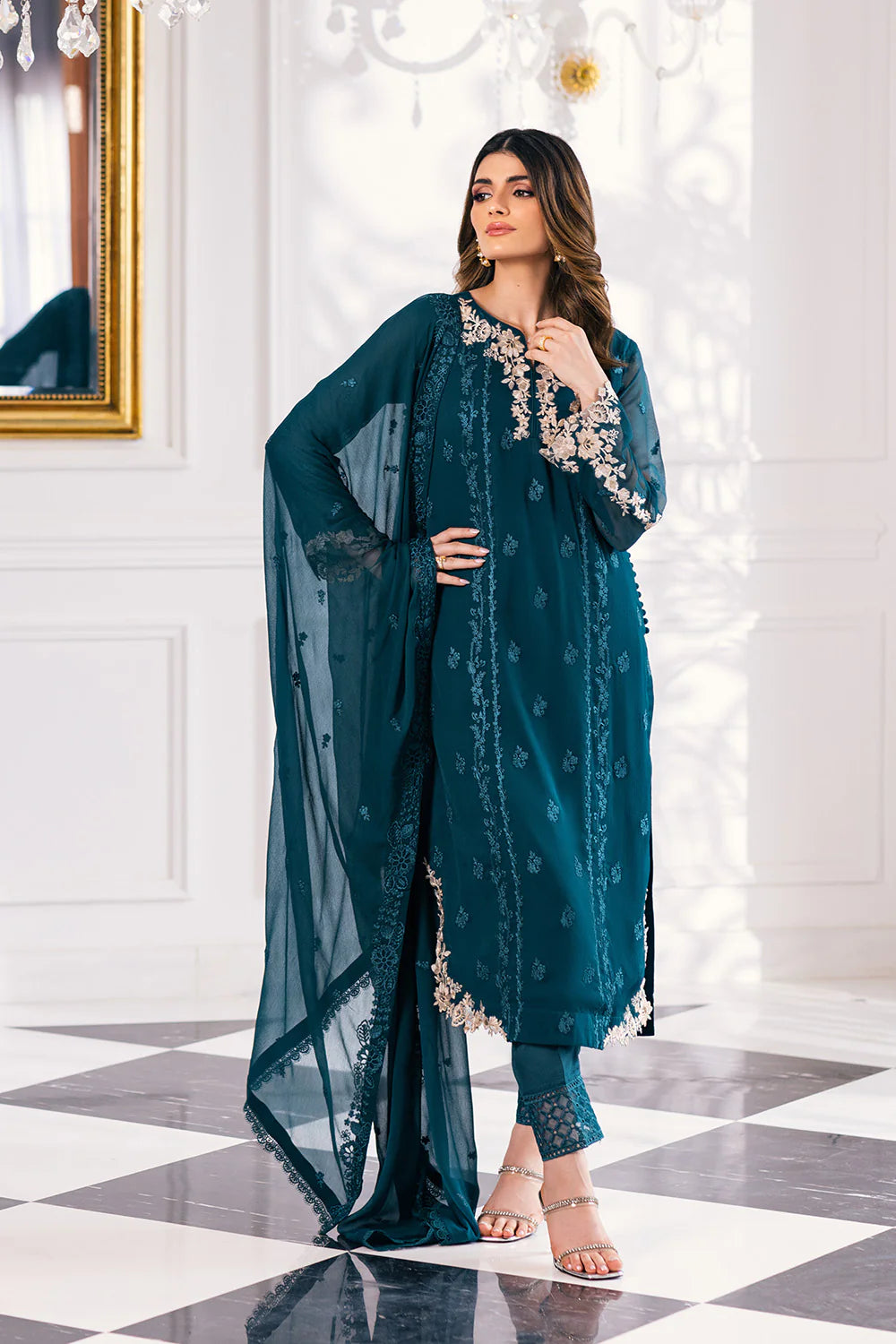 Ensembles By Azure Unstitched 3 Piece Embroidered Chiffon Suit AZU23ESE3 Sea-Weed - Festive Collection Brand Mafia by Zonash