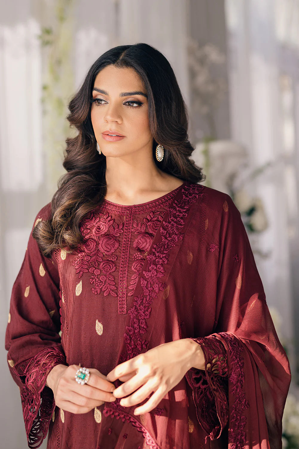 Ensembles by Azure Unstitched 3 Piece Jacquard Lawn Suit AZ24EJ IWES059 Imperial Wine - Festive Collection Brand Mafia by Zonash