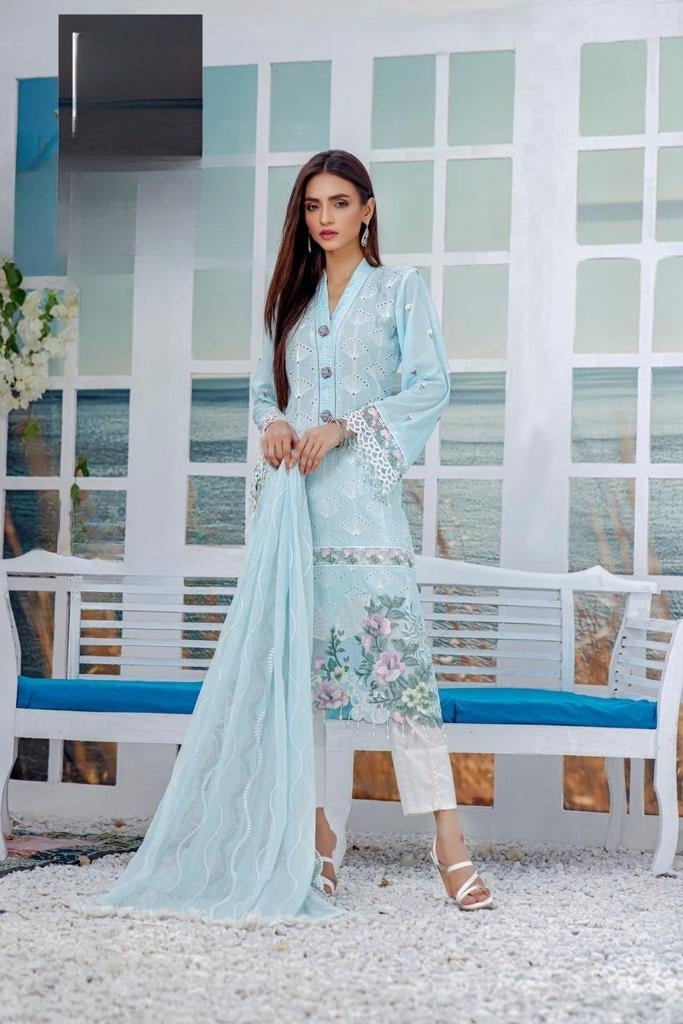 Ghazal By HadiaEman Unstitched 3 Piece Embroidered Chikankari Lawn Suit SDF-HE-Sky Blue - Summer Collection Brand Mafia by Zonash