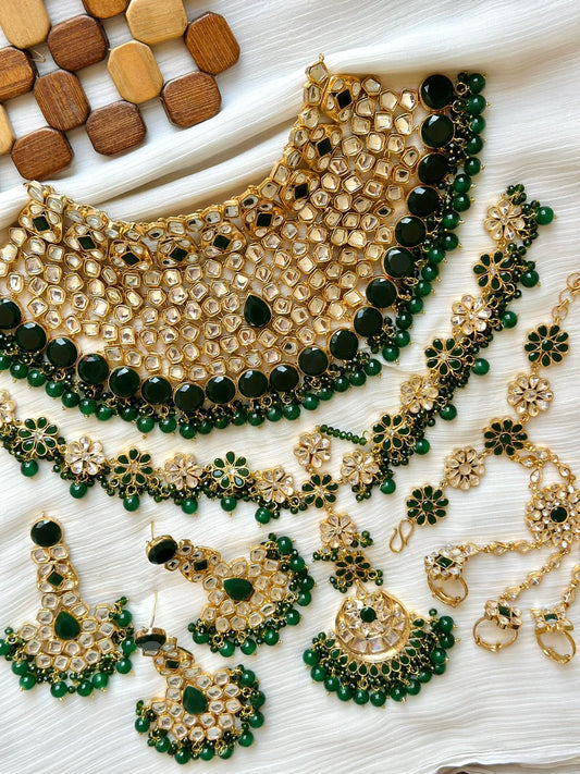 Green - Gold Plated Hand Made Farshi Kundan Bridal Sets With Long Mathapati & Ring Bracelet B-S15 Brand Mafia by Zonash