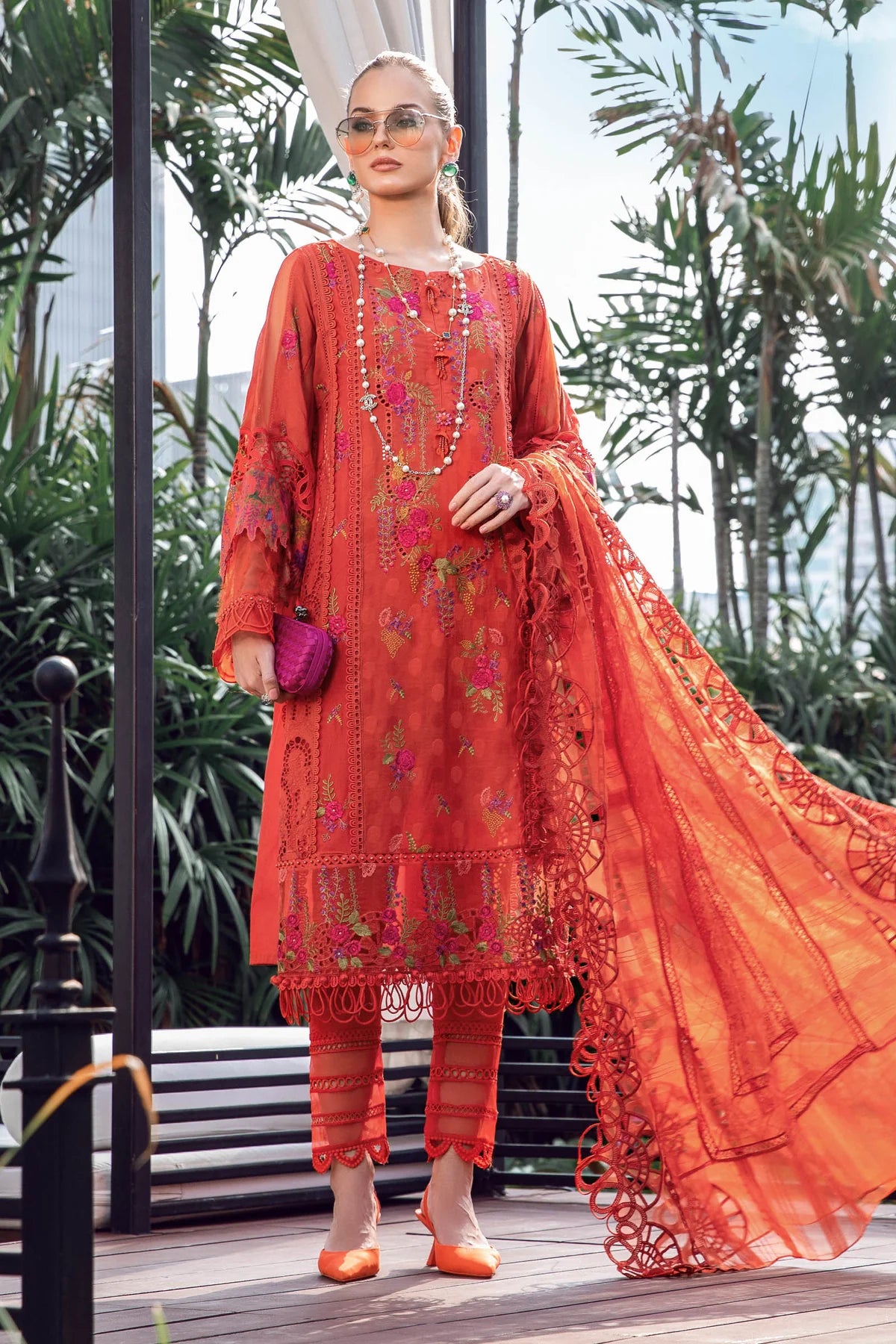 Maria B Unstitched 3 Piece Embroidered Lawn Suit MB23LE D-03 Imperial & Splendor - Brunt Orange - Eid Collection Brand Mafia by Zonash