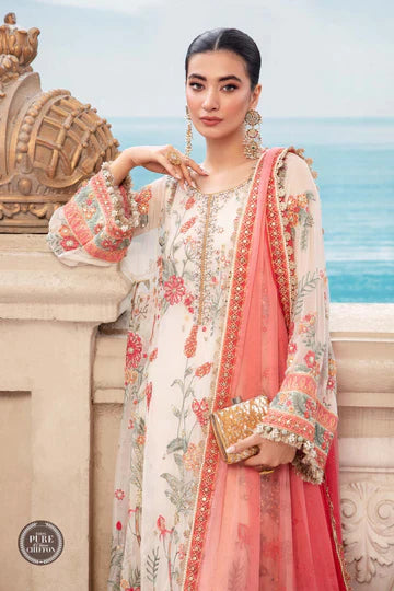 Maria B Unstitched 4 Piece Embroidered Chiffon Suit MB23SC D6 Cloud White Floral - Luxury Collection Brand Mafia by Zonash