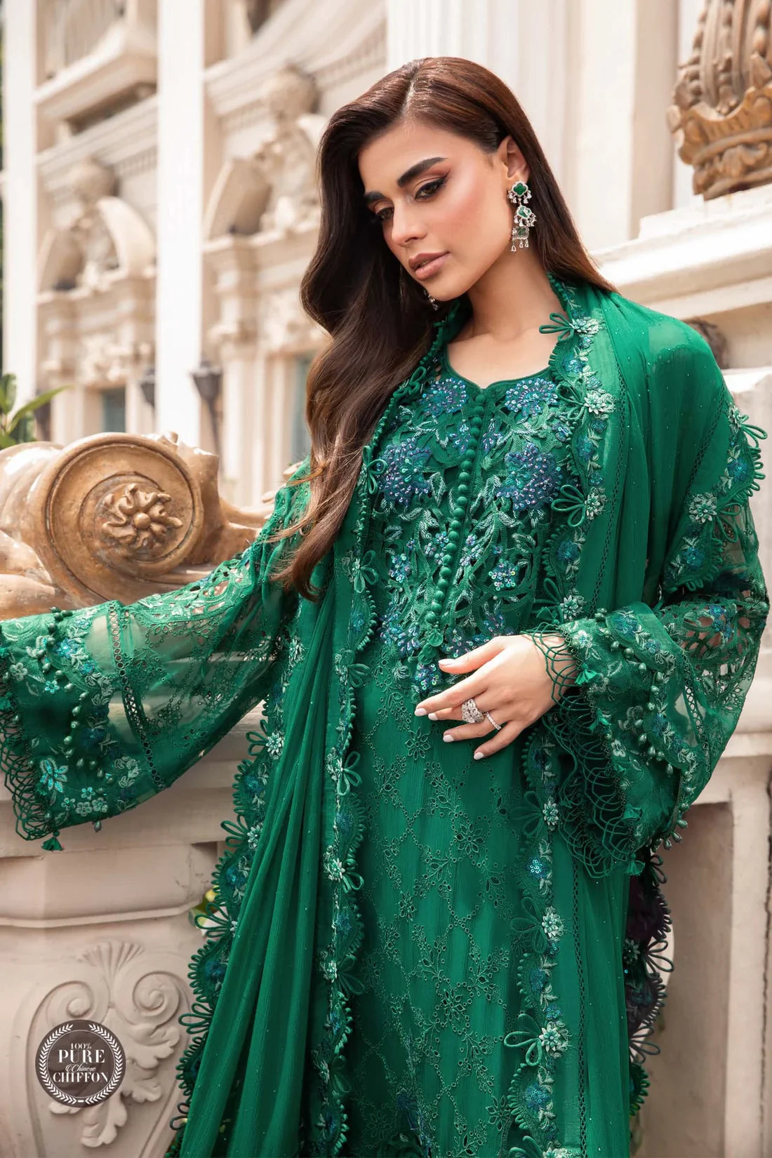 Maria B Unstitched 4 Piece Embroidered Chiffon Suit MB23SC D8 Emerald Green - Luxury Collection Brand Mafia by Zonash