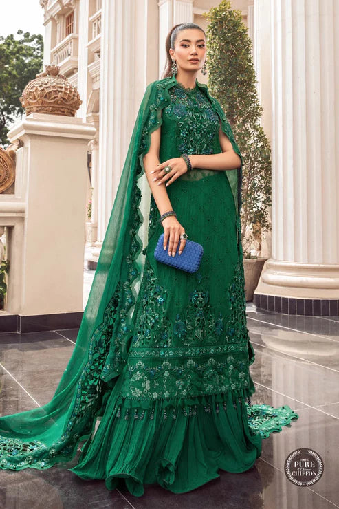 Maria B Unstitched 4 Piece Embroidered Chiffon Suit MB23SC D8 Emerald Green - Luxury Collection Brand Mafia by Zonash