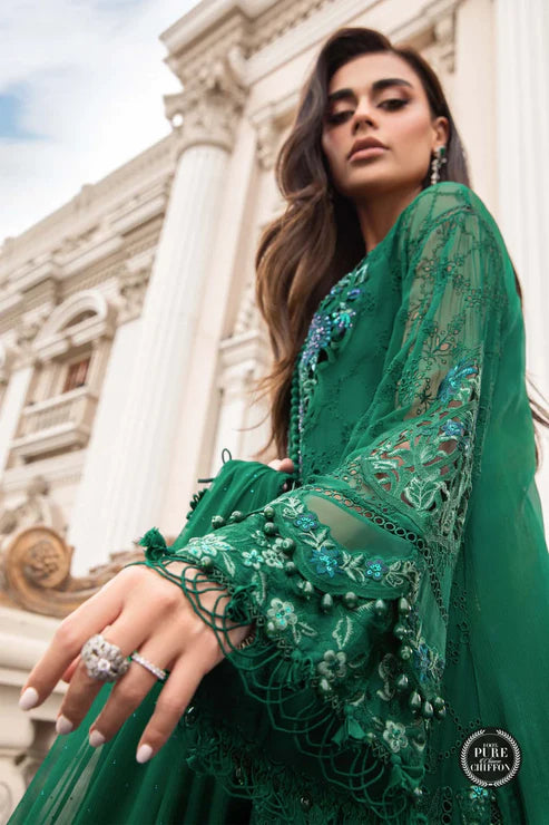 Maria B Unstitched 4 Piece Embroidered Chiffon Suit MB23SC D8 Emerald Green - Luxury Collection Brand Mafia by Zonash