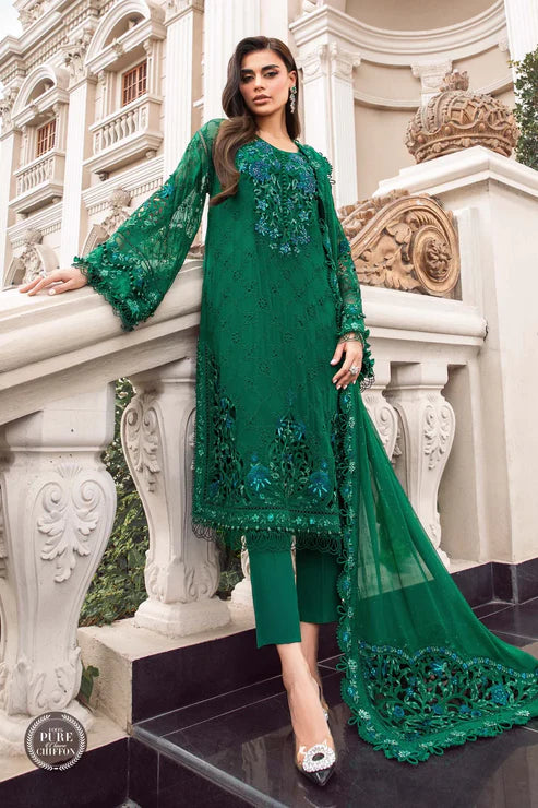 Maria B Unstitched 4 Piece Embroidered Chiffon Suit MB23SC D8 Emerald Green - Luxury Collection Brand Mafia by Zonash