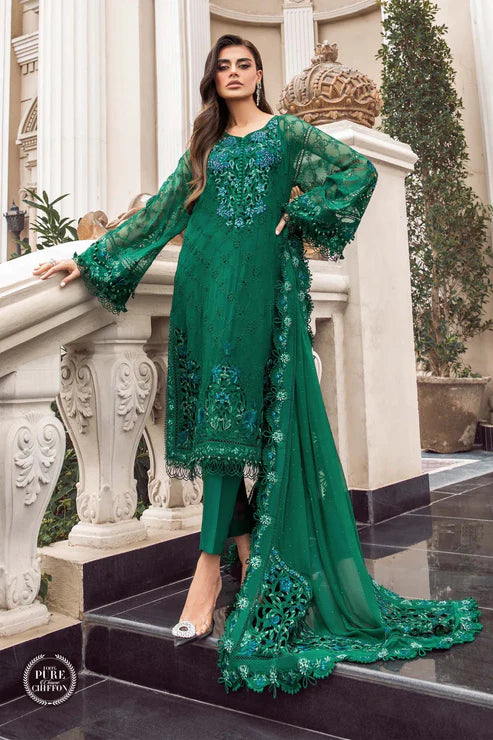 Maria B Unstitched 4 Piece Embroidered Chiffon Suit MB23SC D8 Emerald Green - Luxury Collection Brand Mafia by Zonash