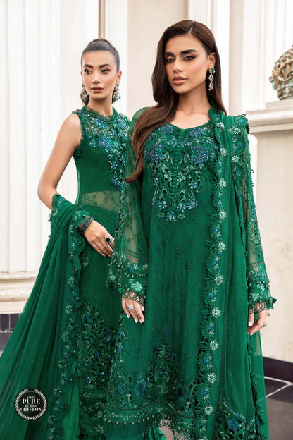 Maria B Unstitched 4 Piece Embroidered Chiffon Suit MB23SC D8 Emerald Green - Luxury Collection Brand Mafia by Zonash