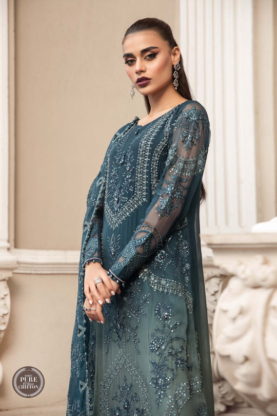 Maria B Unstitched 4 Piece Embroidered Chiffon Suits MB23SC D2 Teal Blue - Luxury Collection Brand Mafia by Zonash