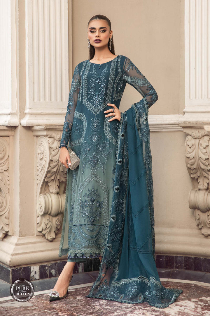 Maria B Unstitched 4 Piece Embroidered Chiffon Suits MB23SC D2 Teal Blue - Luxury Collection Brand Mafia by Zonash