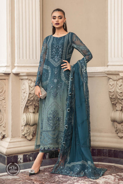 Maria B Unstitched 4 Piece Embroidered Chiffon Suits MB23SC D2 Teal Blue - Luxury Collection Brand Mafia by Zonash