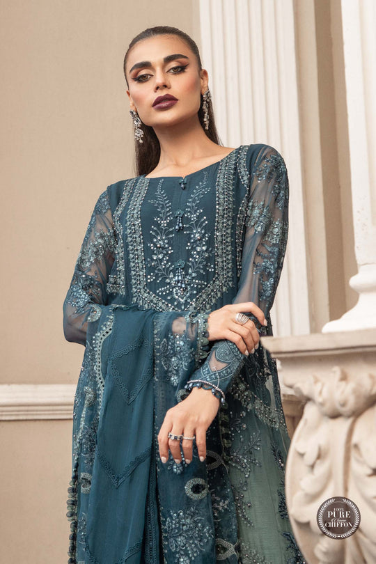 Maria B Unstitched 4 Piece Embroidered Chiffon Suits MB23SC D2 Teal Blue - Luxury Collection Brand Mafia by Zonash