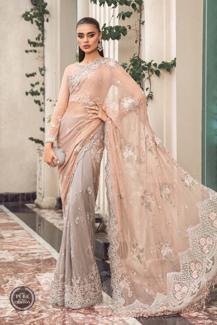 Maria B Unstitched 4 Piece Embroidered Chiffon Suits MB23SC D5 Peach And Grey - Luxury Collection Brand Mafia by Zonash