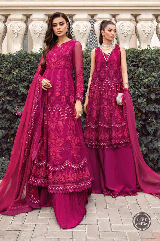 Maria B Unstitched 4 Piece Embroidered Chiffon Suits MB23SC D7 Magenta Pink - Luxury Collection Brand Mafia by Zonash