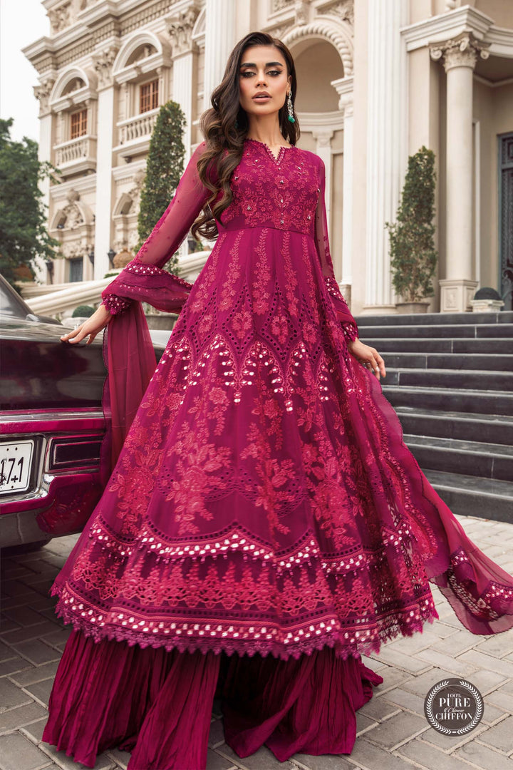 Maria B Unstitched 4 Piece Embroidered Chiffon Suits MB23SC D7 Magenta Pink - Luxury Collection Brand Mafia by Zonash