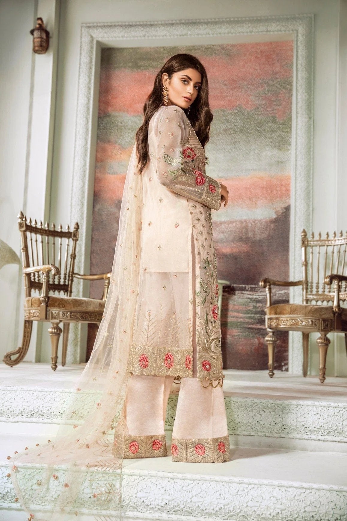 Maryum N Maria Unstitched 2 Piece Embroidered Chiffon Suit - 2020-MMC-06 RUST NILE - Luxury Wedding Collection