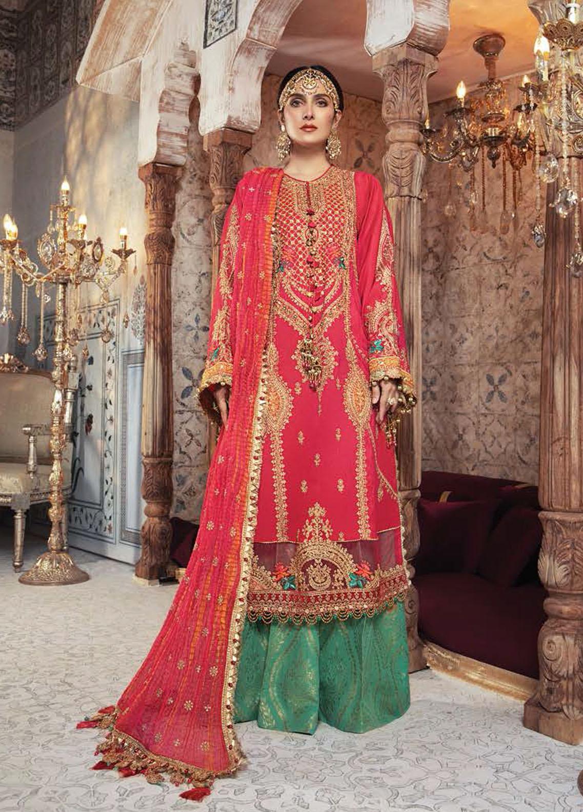 Mbroidered By Maria B Embroidered Raw Silk Aqua and Salmon pink Suit Unstitched 3 Piece D2 - Wedding Collection Brand Mafia by Zonash