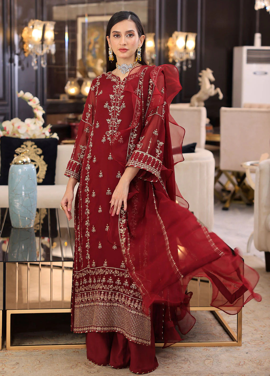 Merakish By Shahzeb Textiles Unstitched 3 Piece Embroidered Chiffon Suit - Aesthetic Maroon - Vol-12 - Luxury Chiffon Collection 2024 Brand Mafia by Zonash