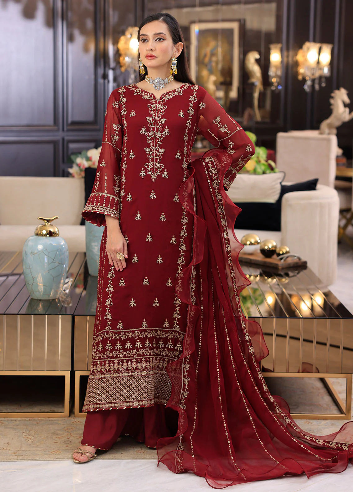 Merakish By Shahzeb Textiles Unstitched 3 Piece Embroidered Chiffon Suit - Aesthetic Maroon - Vol-12 - Luxury Chiffon Collection 2024 Brand Mafia by Zonash