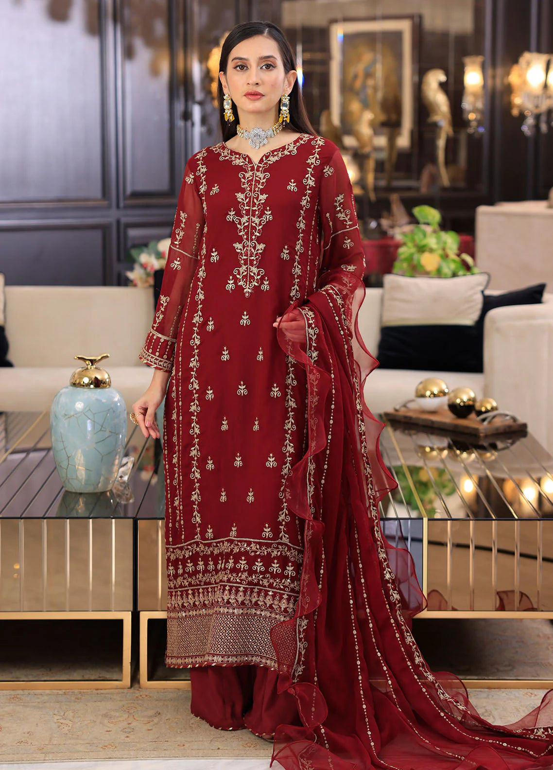 Merakish By Shahzeb Textiles Unstitched 3 Piece Embroidered Chiffon Suit - Aesthetic Maroon - Vol-12 - Luxury Chiffon Collection 2024 Brand Mafia by Zonash