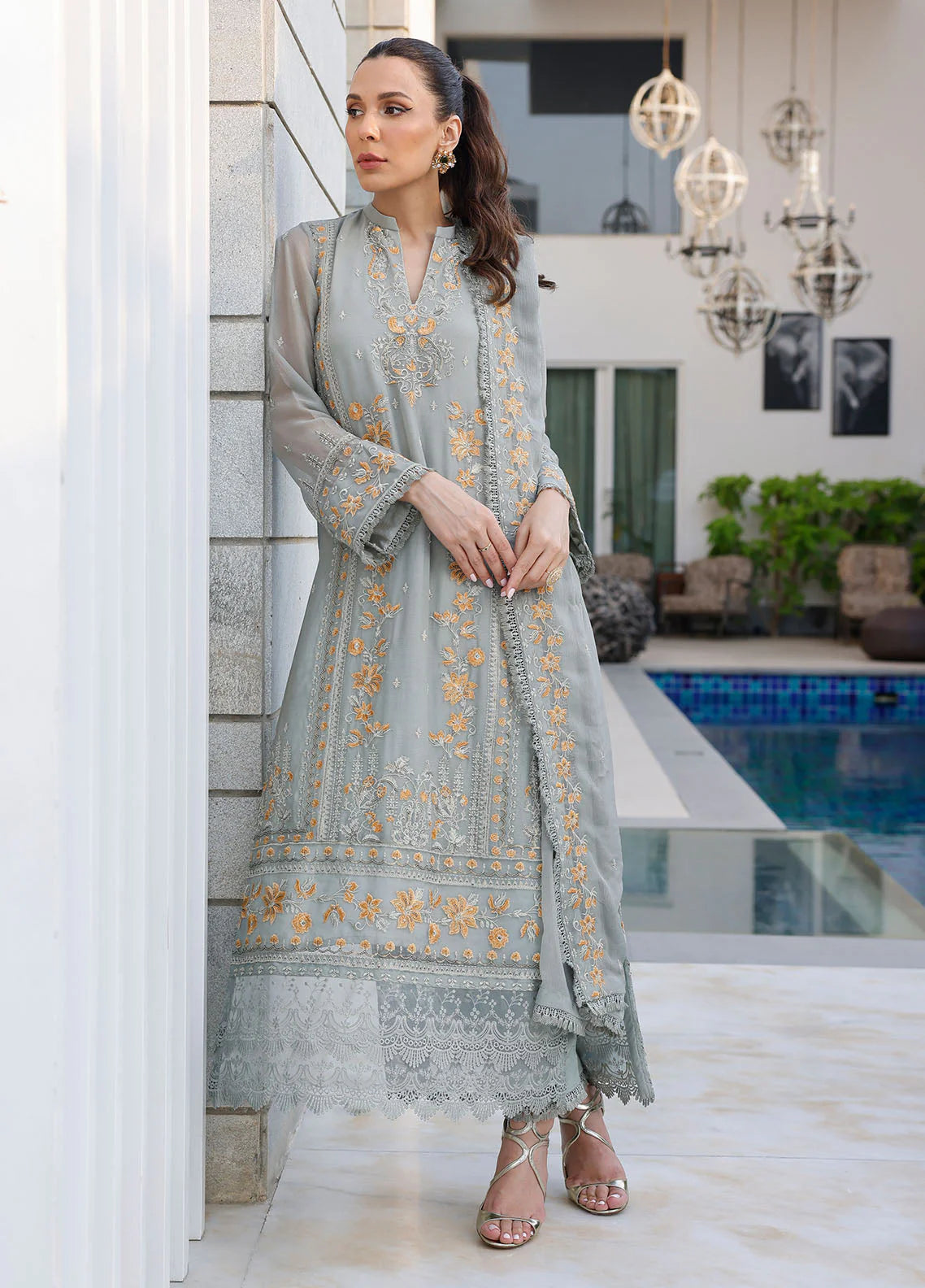 Merakish By Shahzeb Textiles Unstitched 3 Piece Embroidered Chiffon Suit - Spanish Gray - Vol-12 - Luxury Chiffon Collection 2024 Brand Mafia by Zonash