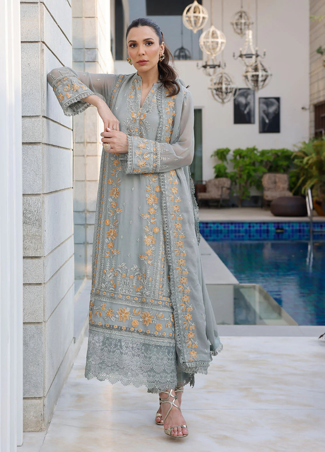 Merakish By Shahzeb Textiles Unstitched 3 Piece Embroidered Chiffon Suit - Spanish Gray - Vol-12 - Luxury Chiffon Collection 2024 Brand Mafia by Zonash