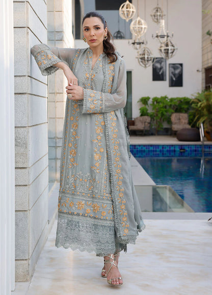 Merakish By Shahzeb Textiles Unstitched 3 Piece Embroidered Chiffon Suit - Spanish Gray - Vol-12 - Luxury Chiffon Collection 2024 Brand Mafia by Zonash